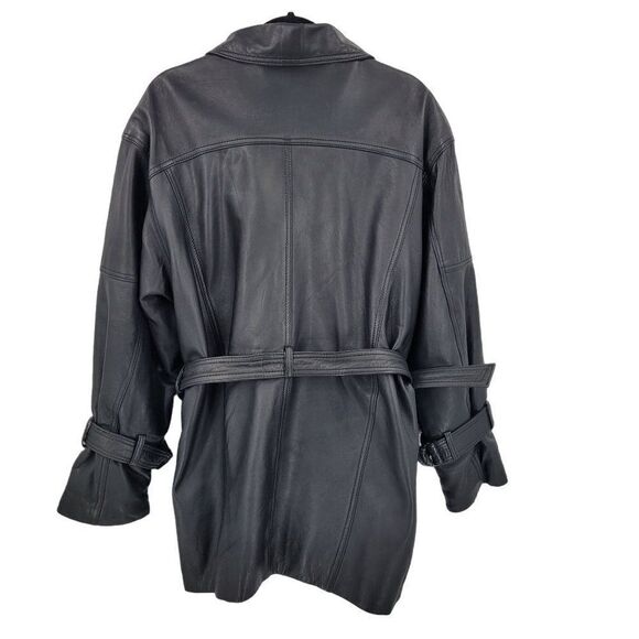 Vintage 80s Leather Flight Jacket M Black Long Belted Hidden Zip Biker Moto - Picture 2 of 16